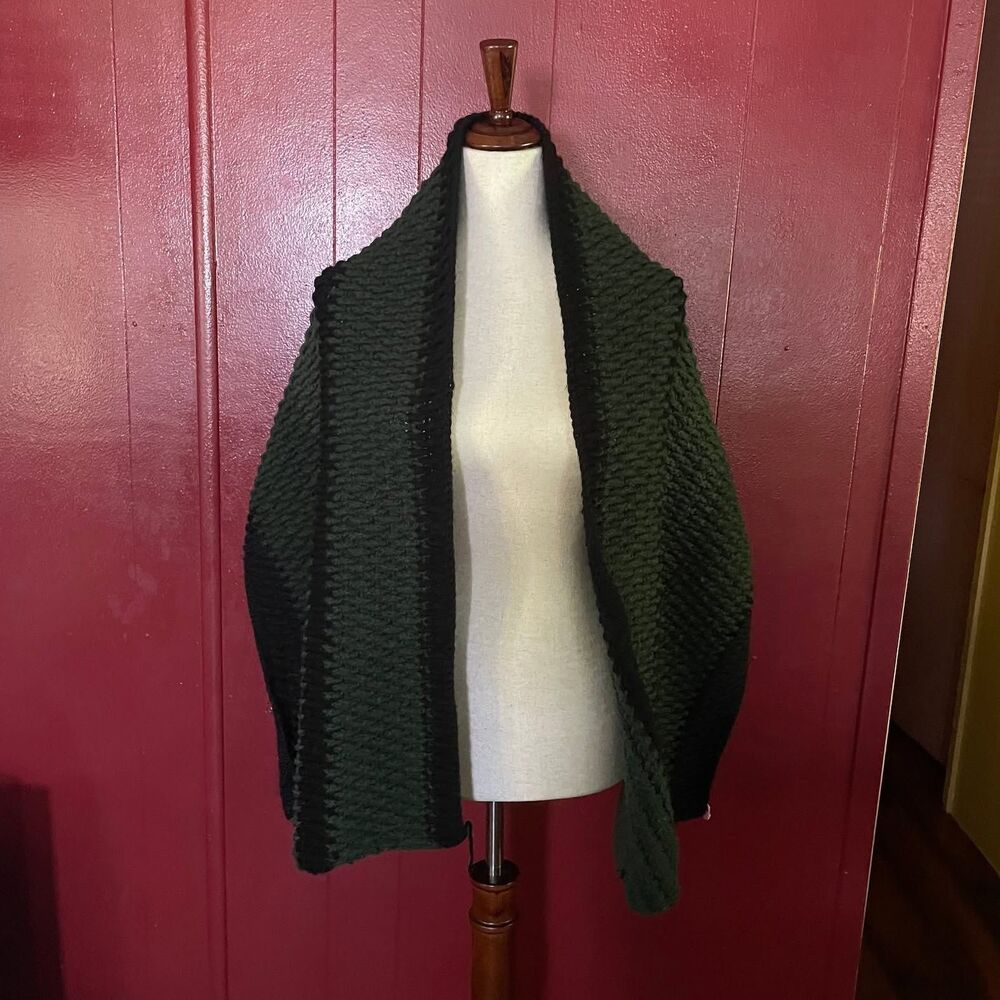 Vintage Handmade Green black Crocheted Rectangle Shawl